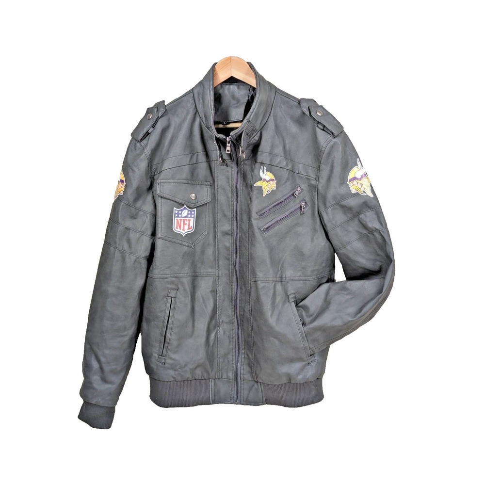 Minnesota Vikings NFL Faux Leather Moto Jacket Size Large Team Logos Zip Pockets